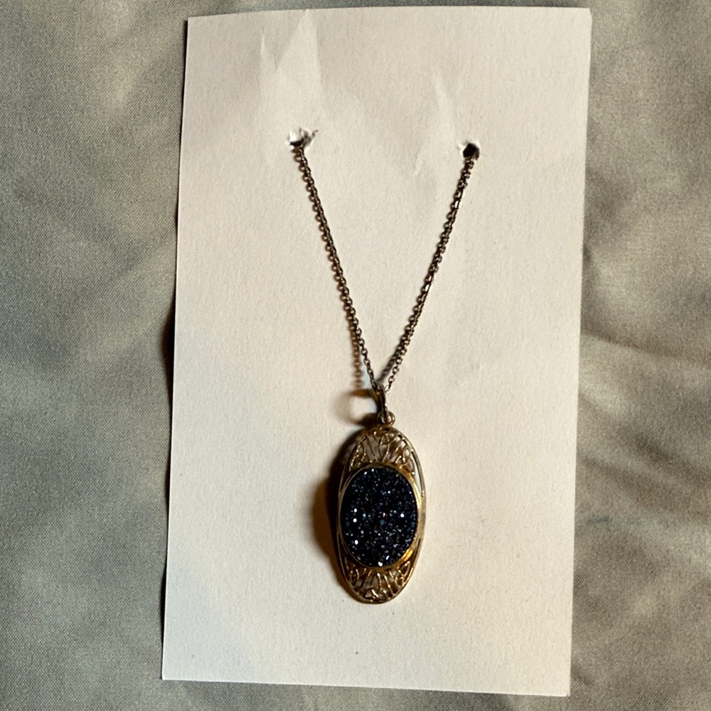 Blue Druse quartz and Silver Oval Pendant Necklace